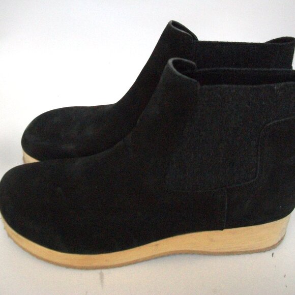 Eileen Fisher Black Suede Wood-Bottom Rubber Sole Chelsea Clog-Boots 9.5M $285 - Picture 1 of 8